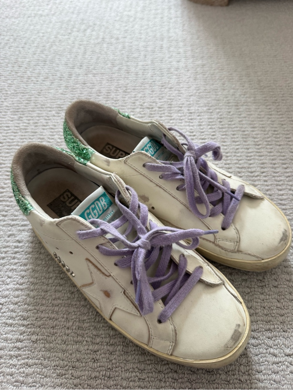 Golden Goose White Sneakers with Purple Laces and Green Heel